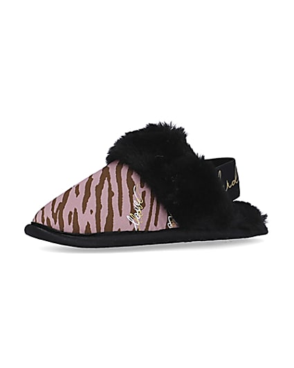 360 degree animation of product Mini girls Pink Zebra Faux fur Mule Slippers frame-1
