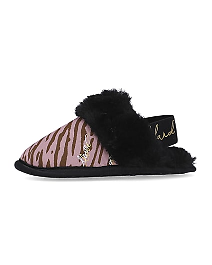 360 degree animation of product Mini girls Pink Zebra Faux fur Mule Slippers frame-2