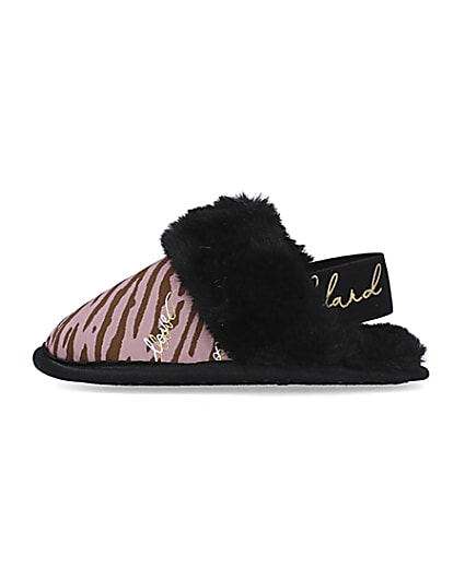 360 degree animation of product Mini girls Pink Zebra Faux fur Mule Slippers frame-3