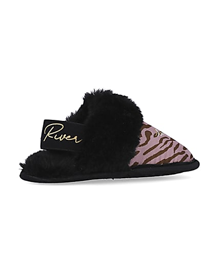360 degree animation of product Mini girls Pink Zebra Faux fur Mule Slippers frame-13