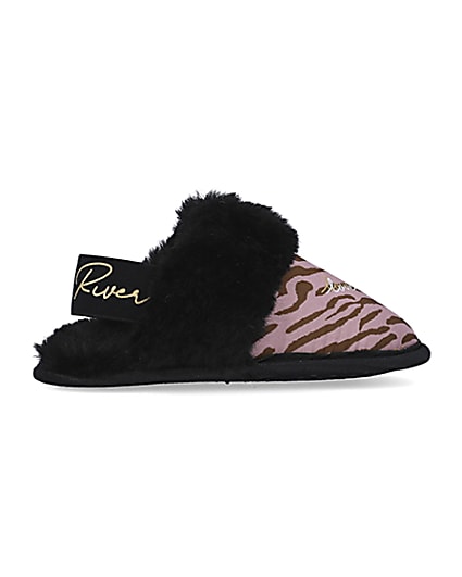 360 degree animation of product Mini girls Pink Zebra Faux fur Mule Slippers frame-14