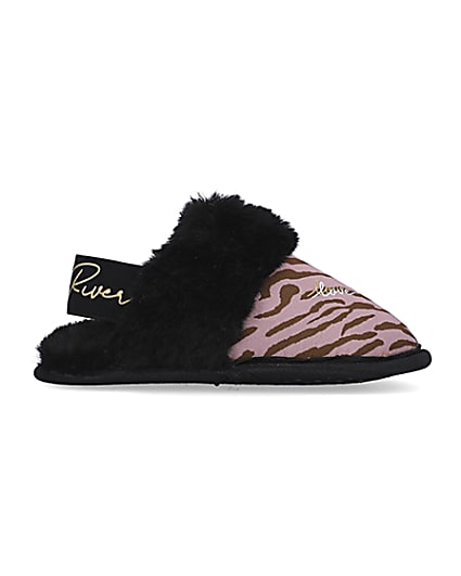 360 degree animation of product Mini girls Pink Zebra Faux fur Mule Slippers frame-15