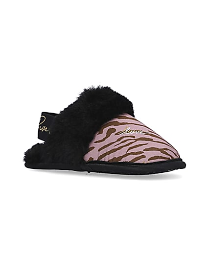 360 degree animation of product Mini girls Pink Zebra Faux fur Mule Slippers frame-17