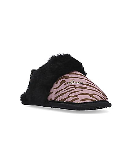360 degree animation of product Mini girls Pink Zebra Faux fur Mule Slippers frame-18
