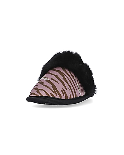 360 degree animation of product Mini girls Pink Zebra Faux fur Mule Slippers frame-22