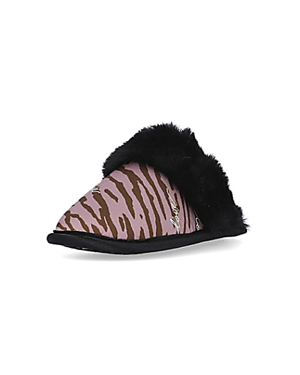 360 degree animation of product Mini girls Pink Zebra Faux fur Mule Slippers frame-23