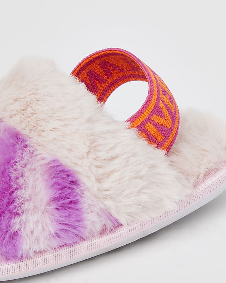 Mini girls pink zebra faux fur slippers
