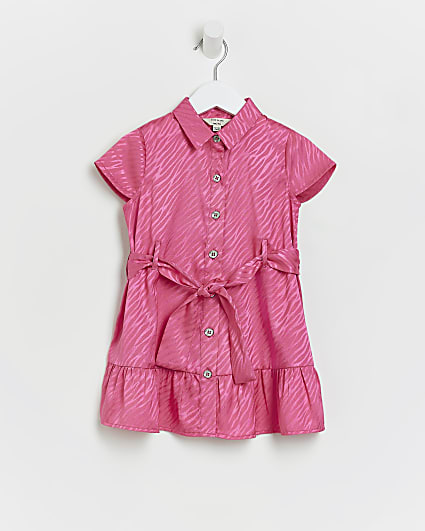 Mini girls pink zebra satin shirt dress