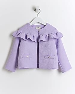 Mini girls purple boucle frill jacket