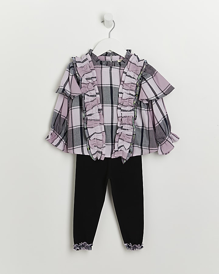 Mini girls purple check blouse and leggings