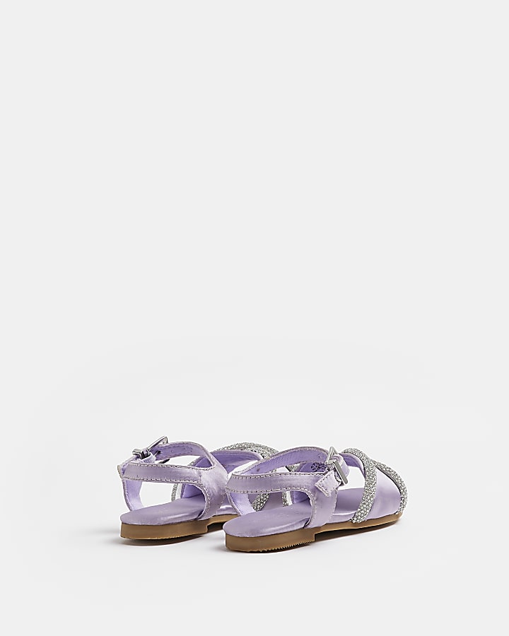 Mini girls purple diamante cross sandals