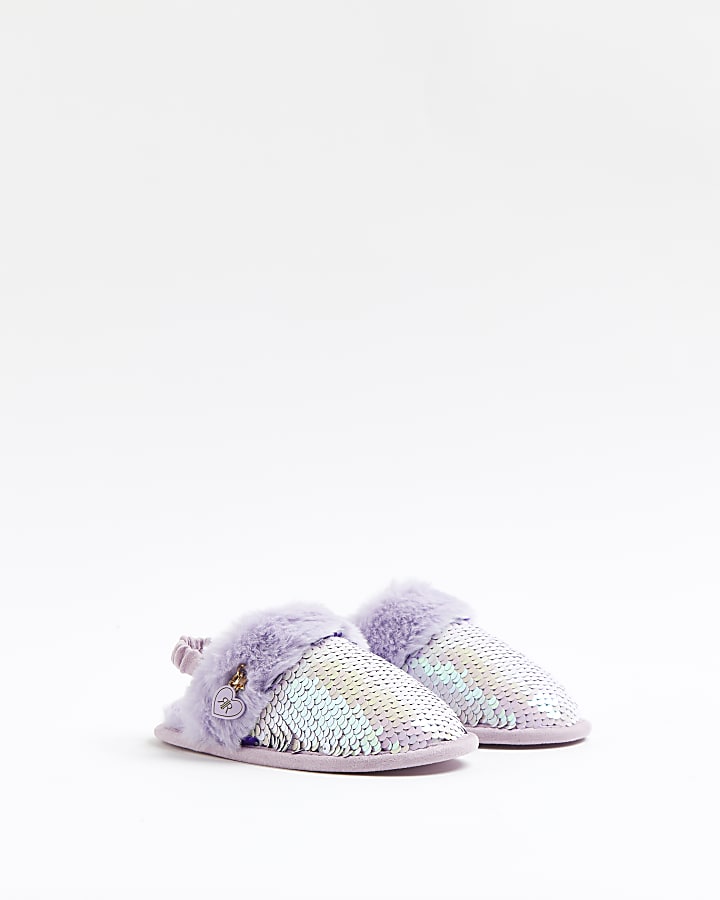 Girls faux fur sequin slippers River Island Girls Shoes Slippers 