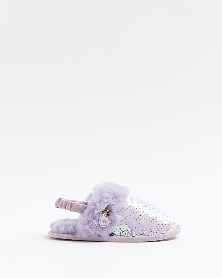 Mini girls purple faux fur sequin slippers