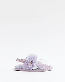 Mini girls purple faux fur sequin slippers