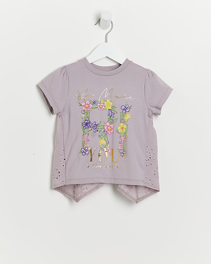 Mini girls purple floral broderie t-shirt