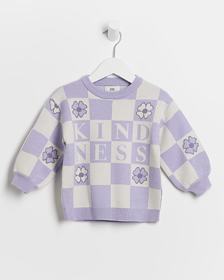 Mini girls purple floral check jumper