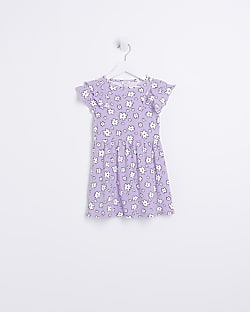 Mini Girls Purple Floral Print Skater Dress