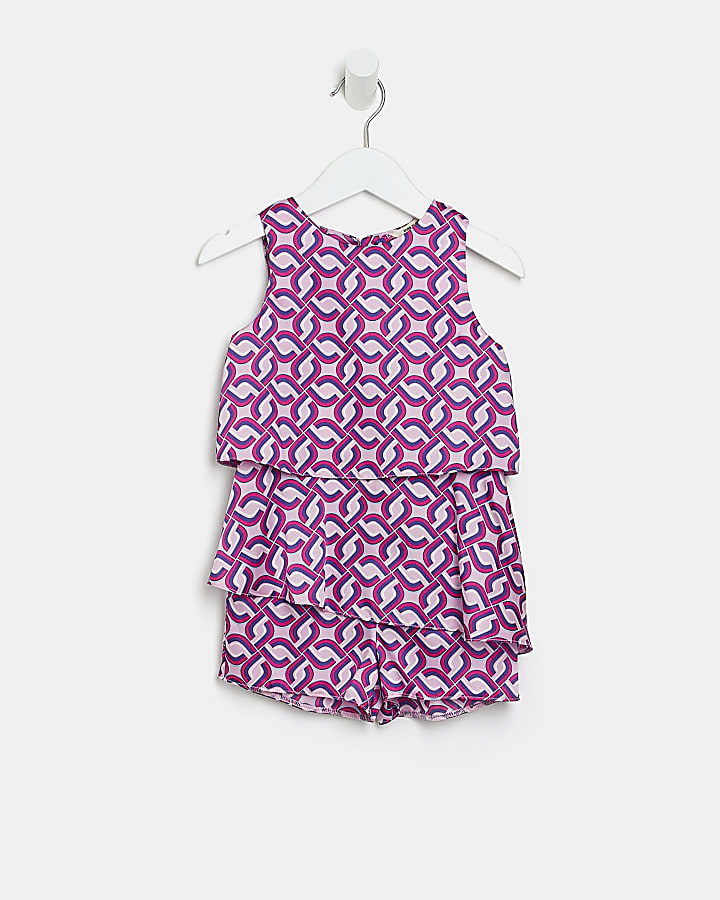 Mini girls purple geometric print playsuit