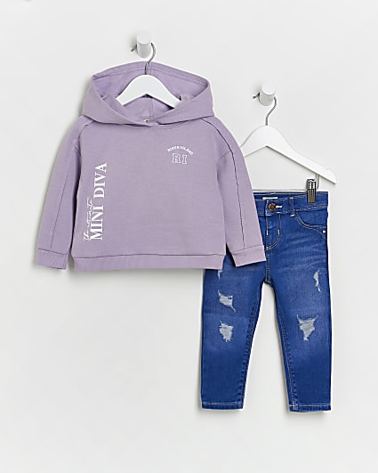 Mini girls purple hoodie and jeans outfit
