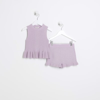 Mini girls purple shimmer top and shorts set