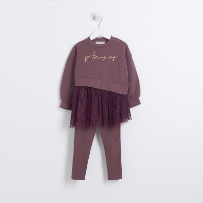 Mini Girls Purple Slogan Tulle Sweatshirt Set