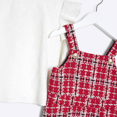 Mini Girls Red Boucle Lace Pinafore Dress Set River Island