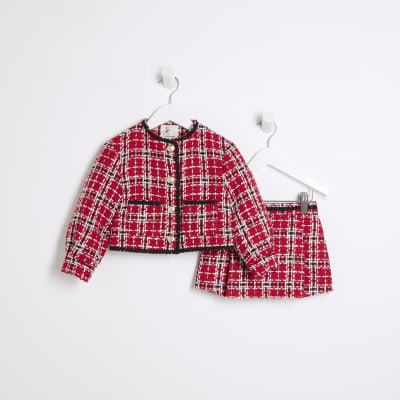 Mini Girls Red Check Boucle Jacket Set River Island