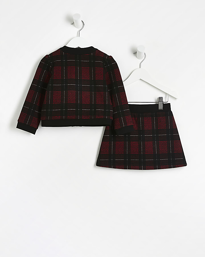 Mini Girls Red Check Cardigan and Skirt Set