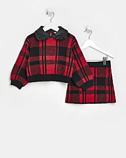 Mini Girls Red Check Faux Leather Collar Set