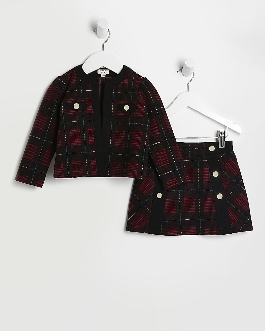 Mini girls red check jacket and skirt outfit
