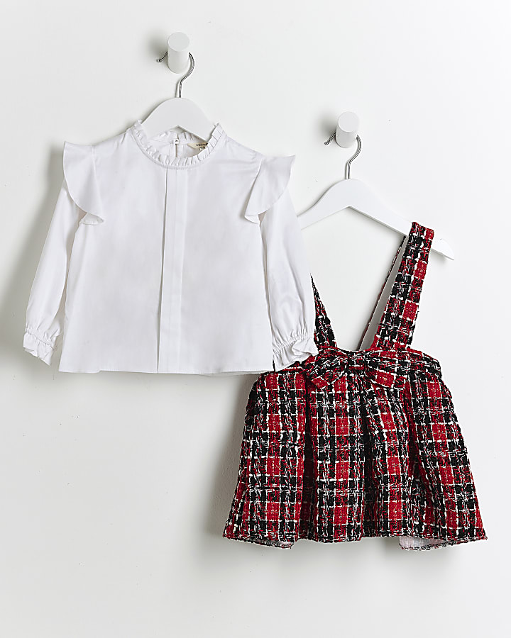 Mini girls red check pinafore dress outfit