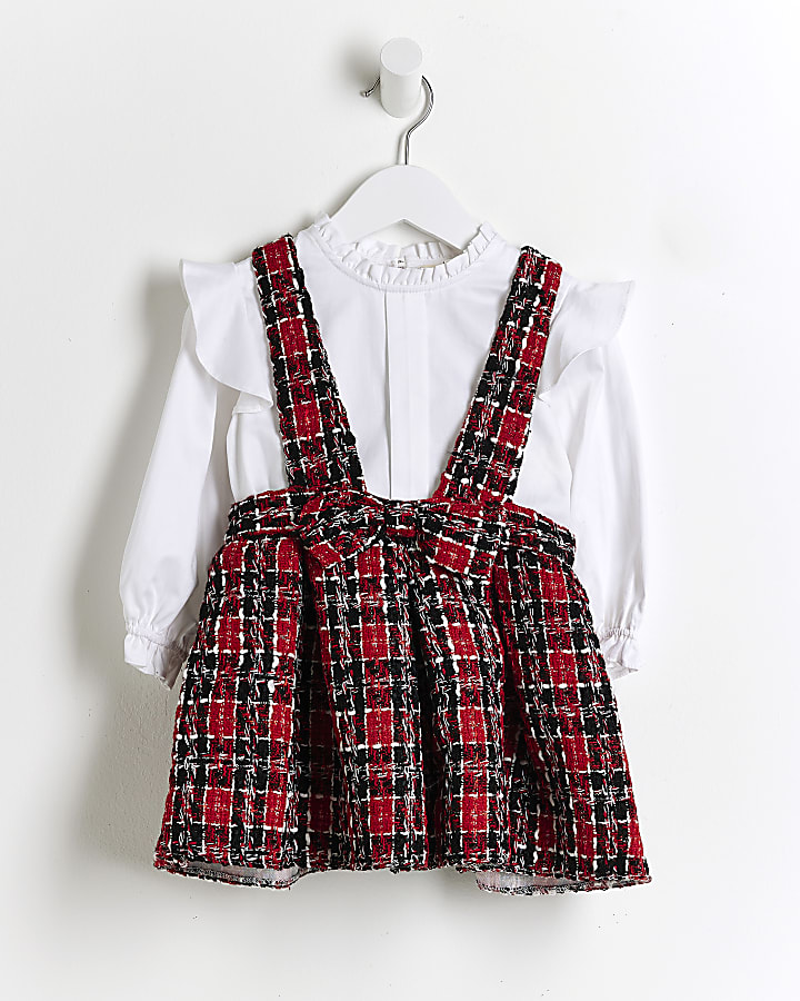 Mini girls red check pinafore dress outfit