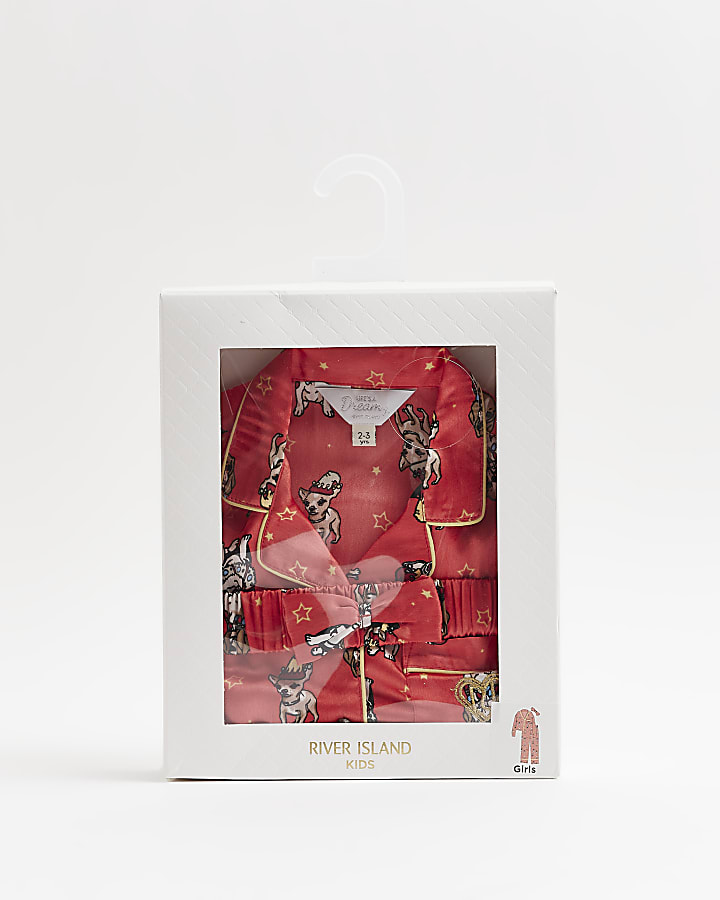 Mini girls Red Dog Print Satin Pyjama set