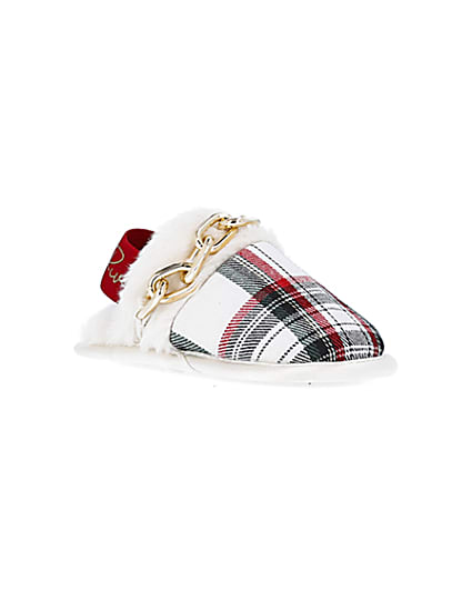 360 degree animation of product Mini Girls Red faux fur chain Tartan Slippers frame-18