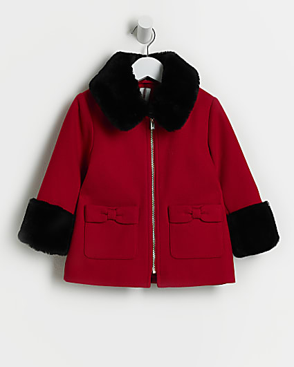 Mini Girls Red Faux Fur Lined Woolen Coat
