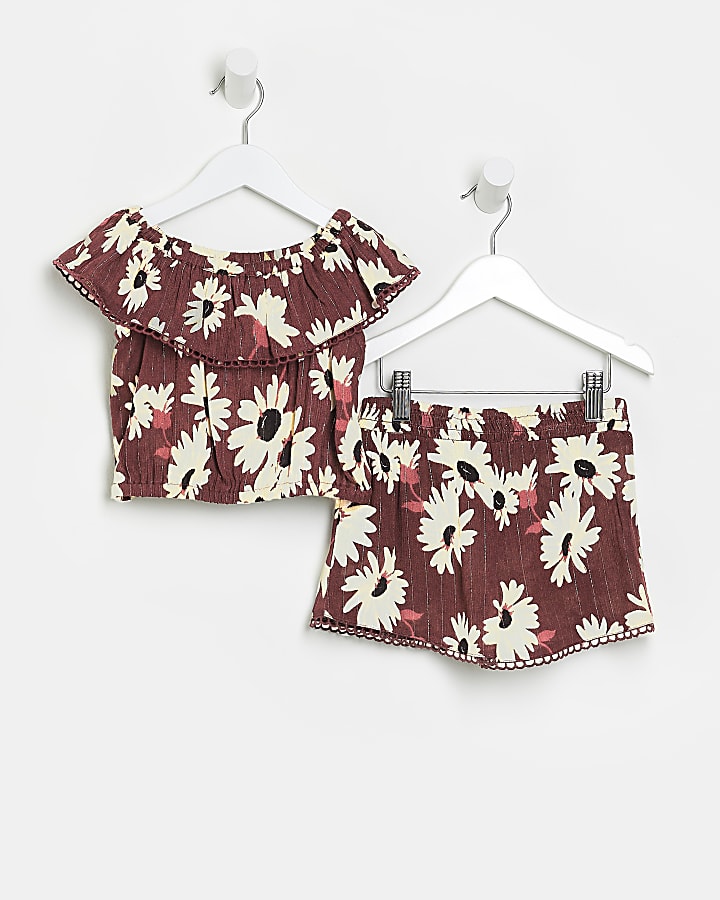 Mini girls red floral bardot top outfit