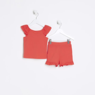 Mini girls red frill bow detail t-shirt set