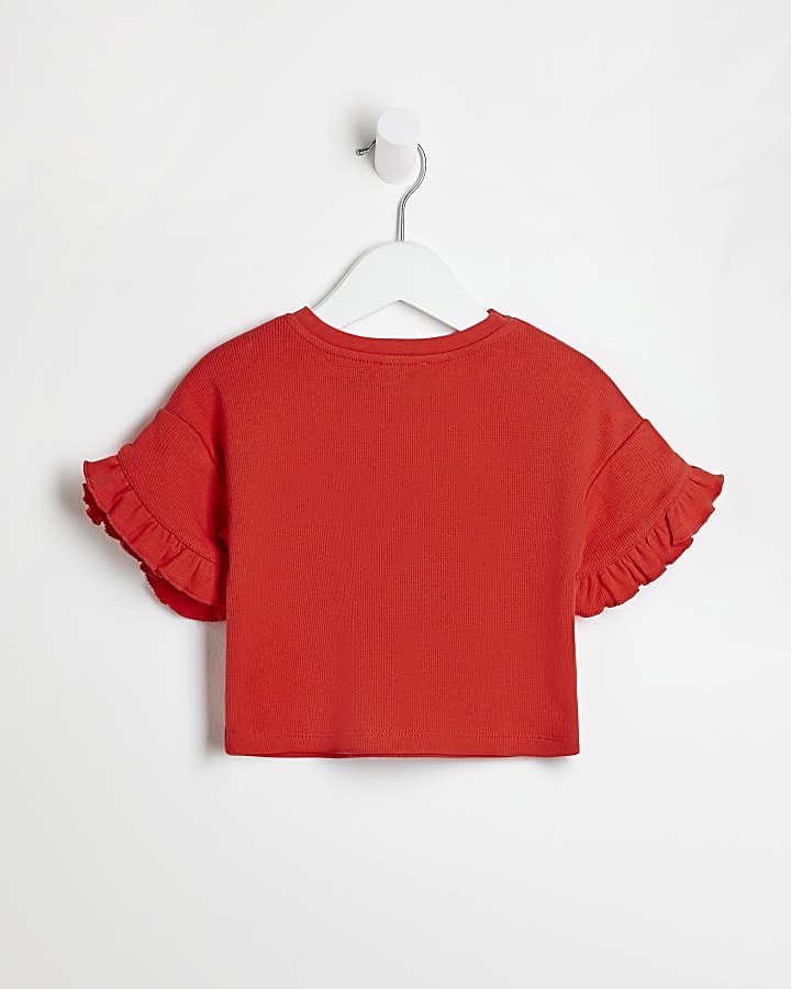 Mini girls red frill sleeve t-shirt