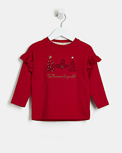 Mini girls Red Rib Christmas T-shirt