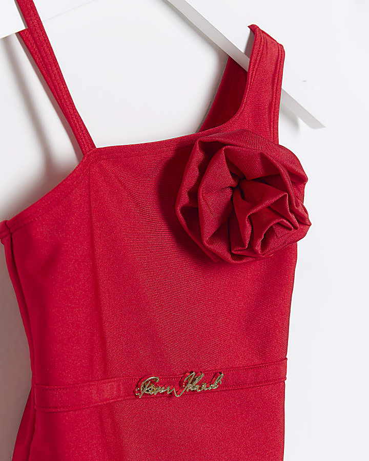 Mini girls red rose Asymmetrical swimsuit
