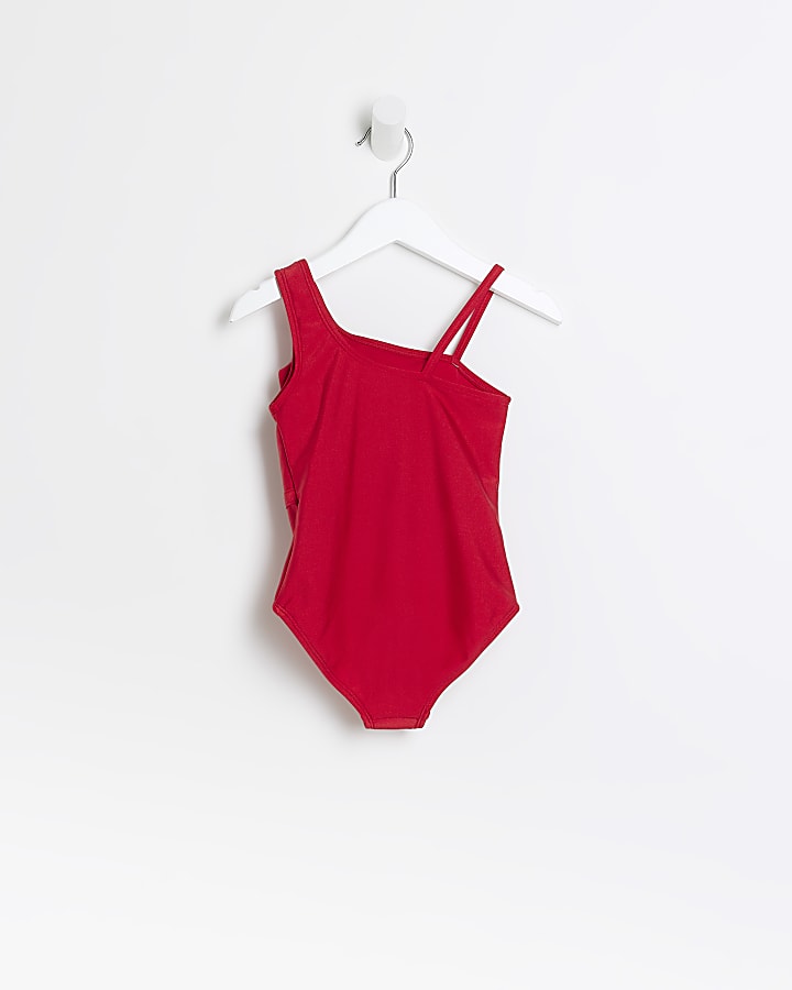 Mini girls red rose Asymmetrical swimsuit