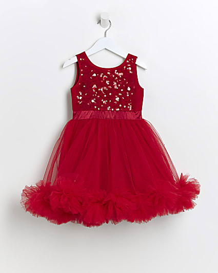 Mini girls red Rosette Hem Dress