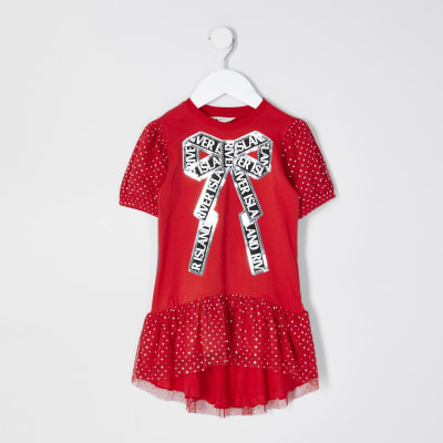 Mini girls red sequin bow t-shirt dress 