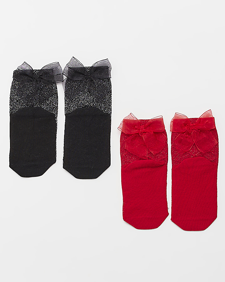 Mini Girls Red Sparkle Bow Socks 2 Pack