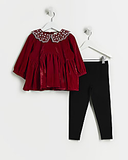 Mini Girls Red Velvet Embroidered Outfit