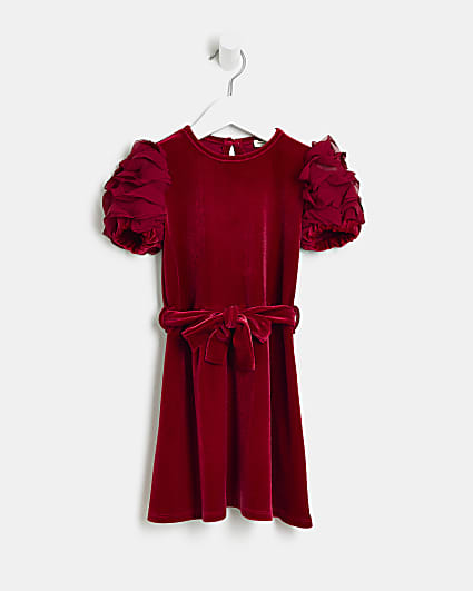 Mini Girls Red Velvet Puff Sleeve Dress