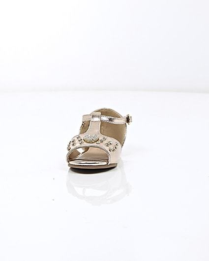 360 degree animation of product Mini girls rose gold metallic T bar sandals frame-3