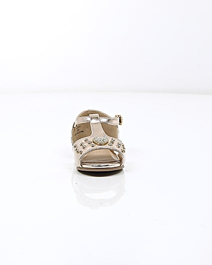 360 degree animation of product Mini girls rose gold metallic T bar sandals frame-4