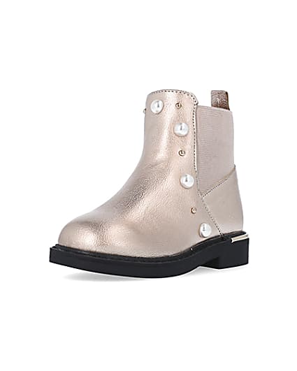 360 degree animation of product Mini Girls Rose Gold Pearl Eyelet Boots frame-0