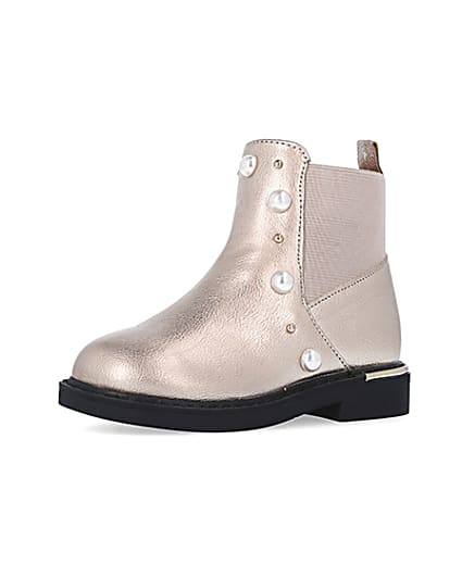 360 degree animation of product Mini Girls Rose Gold Pearl Eyelet Boots frame-1